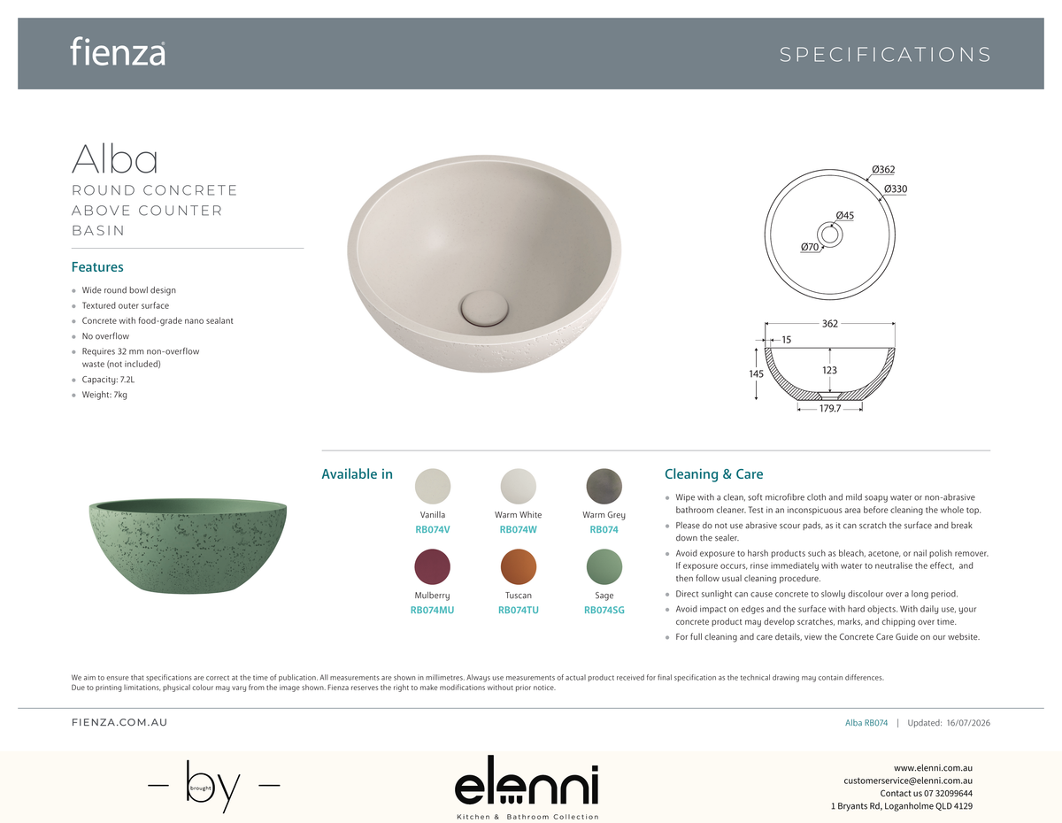 Alba Round Concrete Above Counter Basin - Elenni specification drawing