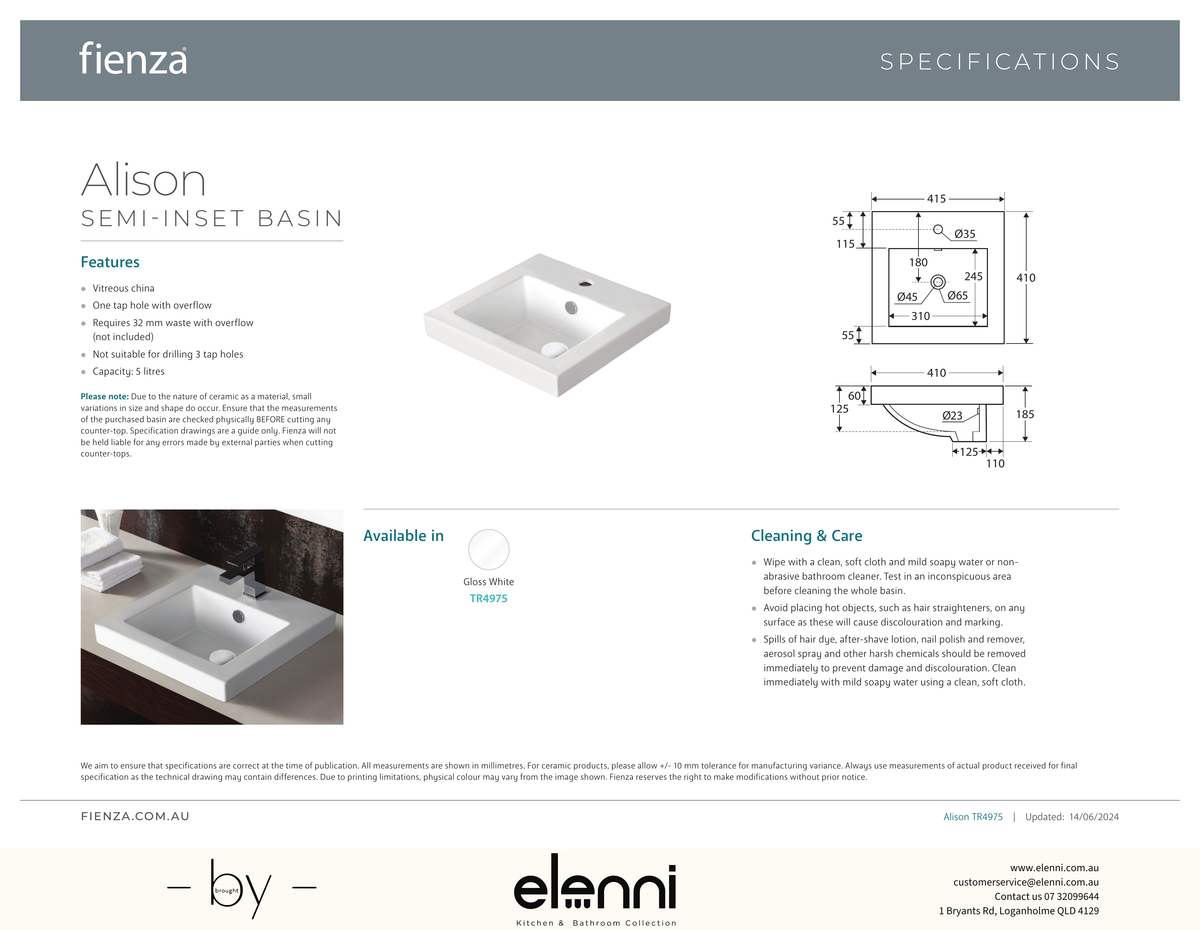 Alison Semi-Inset Basin - Elenni specification drawing