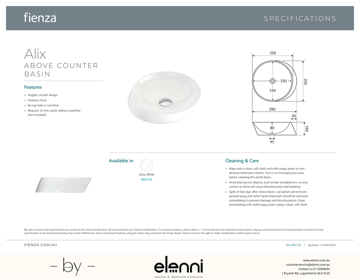 Alix Above Counter Basin - Elenni specification drawing