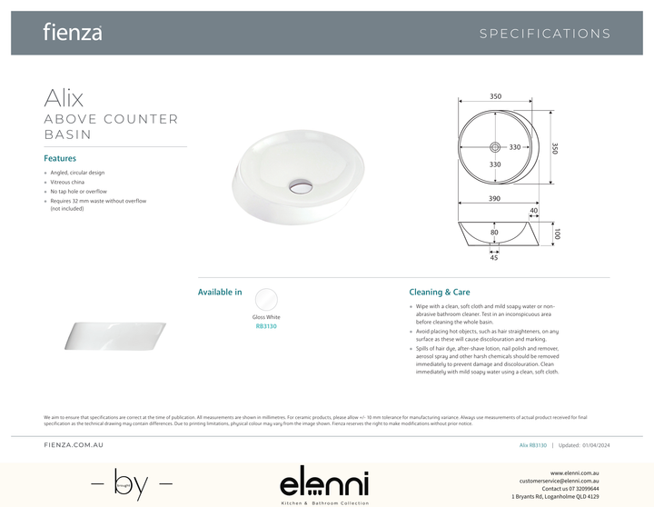 Alix Above Counter Basin - Elenni specification drawing