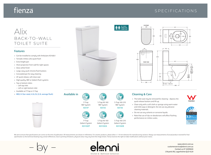 Alix Back-to-Wall Toilet Suite, Gloss White - Elenni specification drawing