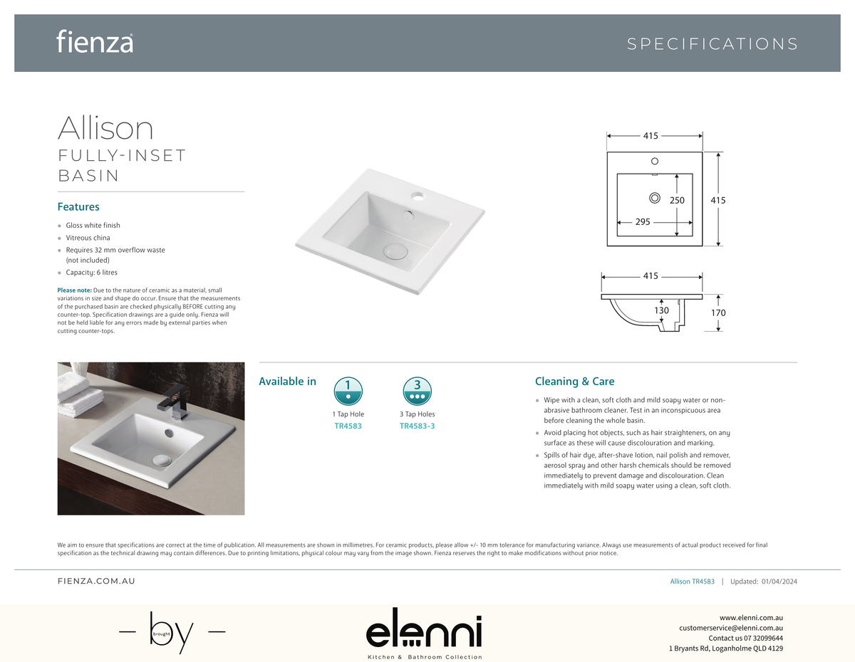 Allison Fully-Inset Basin - Elenni specification drawing