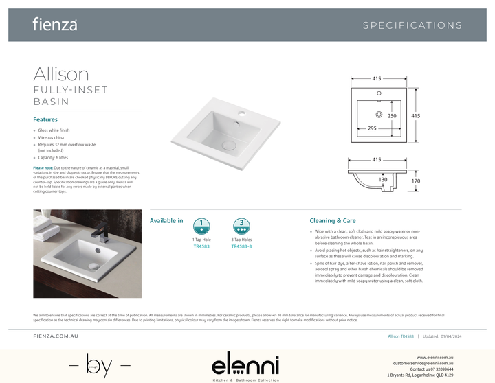 Allison Fully-Inset Basin - Elenni specification drawing