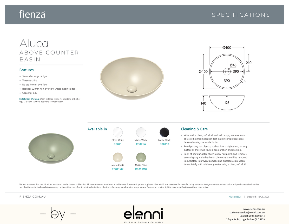 Aluca Above Counter Basin - Elenni specification drawing