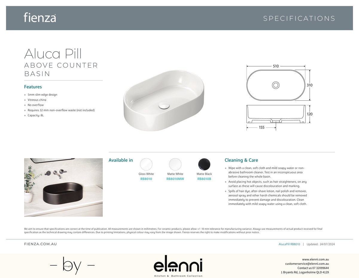 Aluca Pill Above Counter Basin - Elenni specification drawing