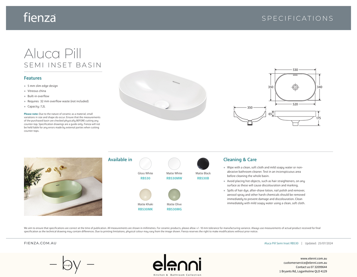 Aluca Pill Semi-Inset Basin - Elenni specification drawing