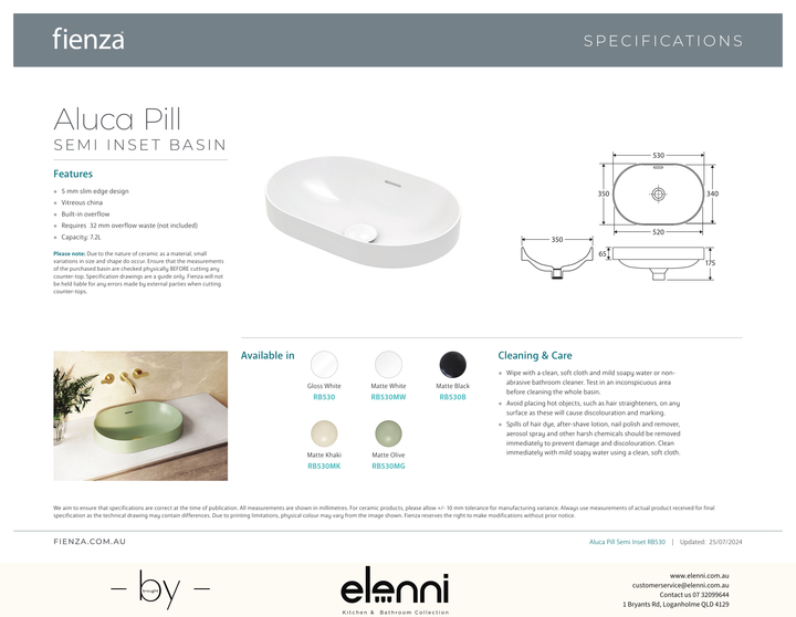 Aluca Pill Semi-Inset Basin - Elenni specification drawing