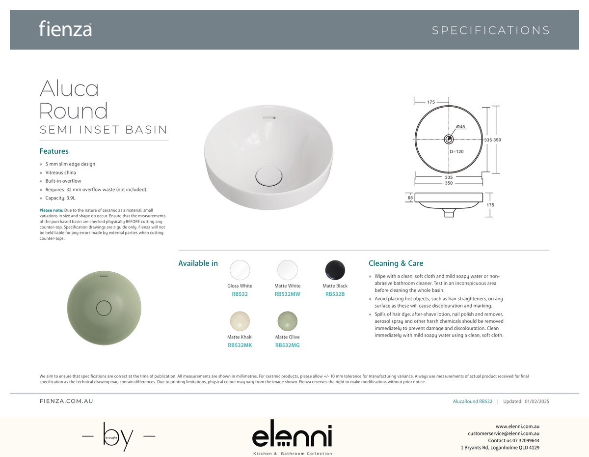 Aluca Round Semi-Inset Basin - Elenni specification drawing