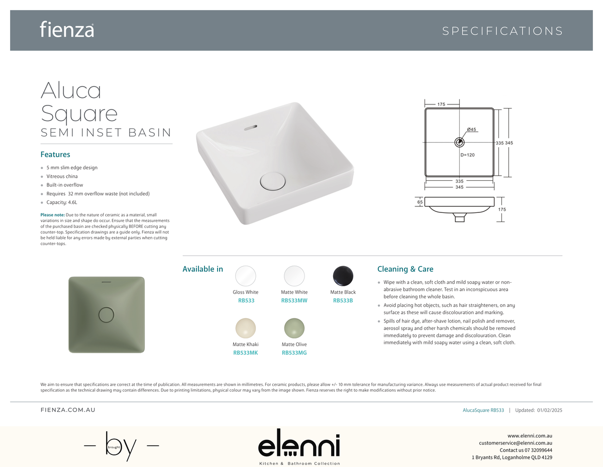 Aluca Square Semi-Inset Basin - Elenni specification drawing