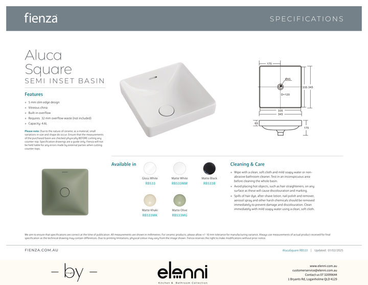 Aluca Square Semi-Inset Basin - Elenni specification drawing
