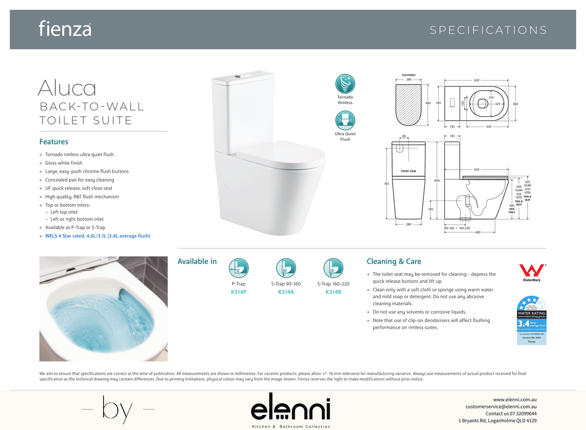 Aluca Tornado Flush Back-to-Wall Toilet Suite — Elenni specification drawing