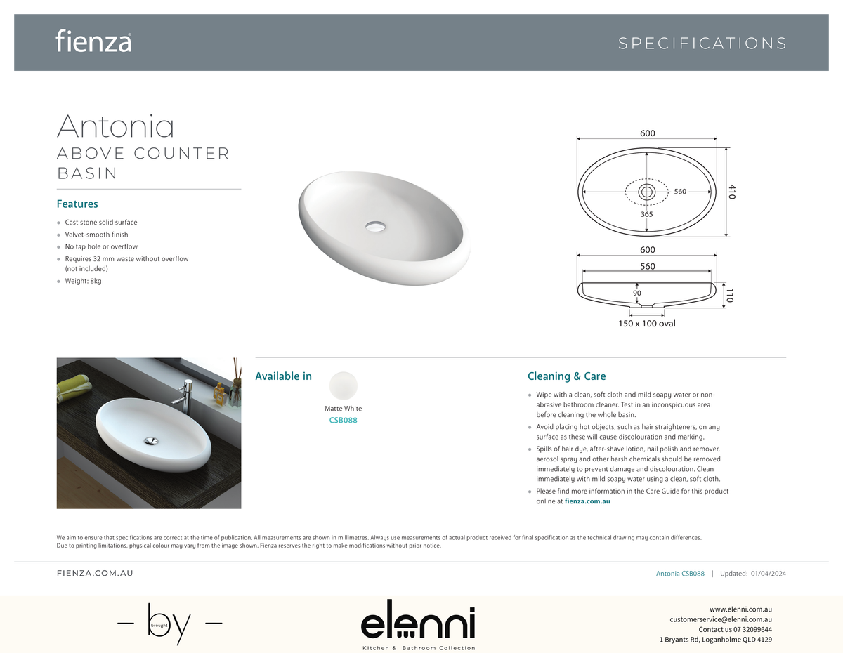 Antonia Solid Surface Above Counter Basin - Elenni specification drawing