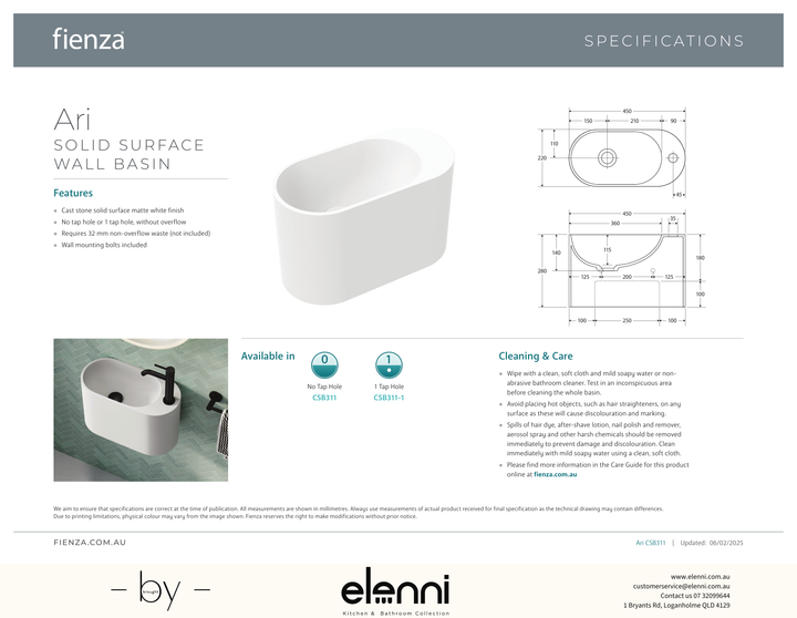 Ari Solid Surface Wall Basin - Elenni specification drawing