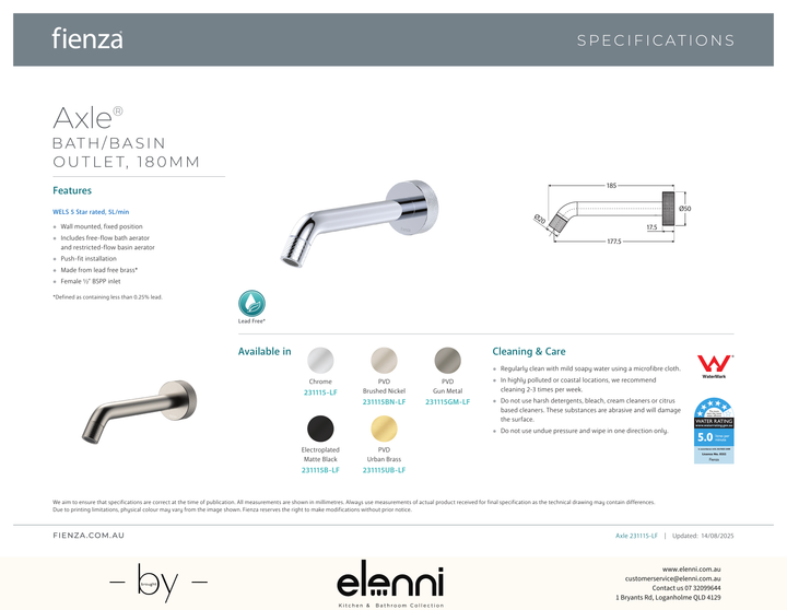 Axle 180 mm Basin/Bath Outlet - Spec sheet