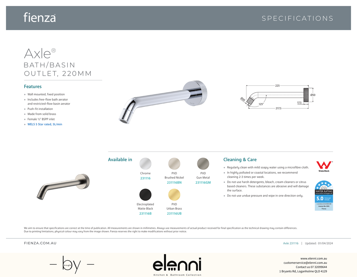 Axle 220 mm Basin/Bath Outlet - Spec sheet