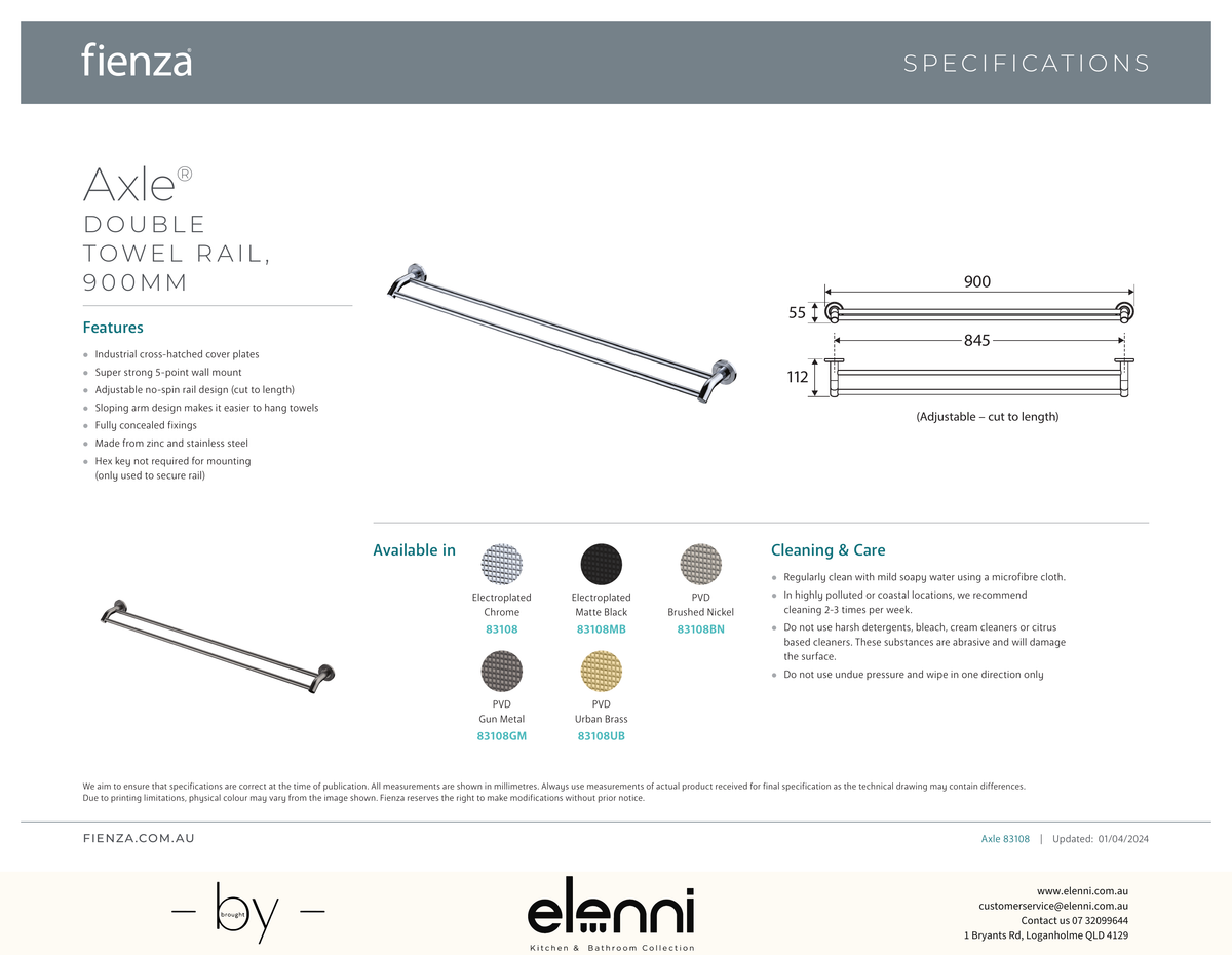 Axle 900mm Double Towel Rail - Spec sheet