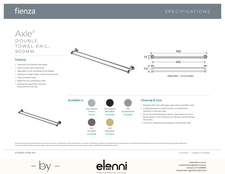 Axle 900mm Double Towel Rail - Spec sheet