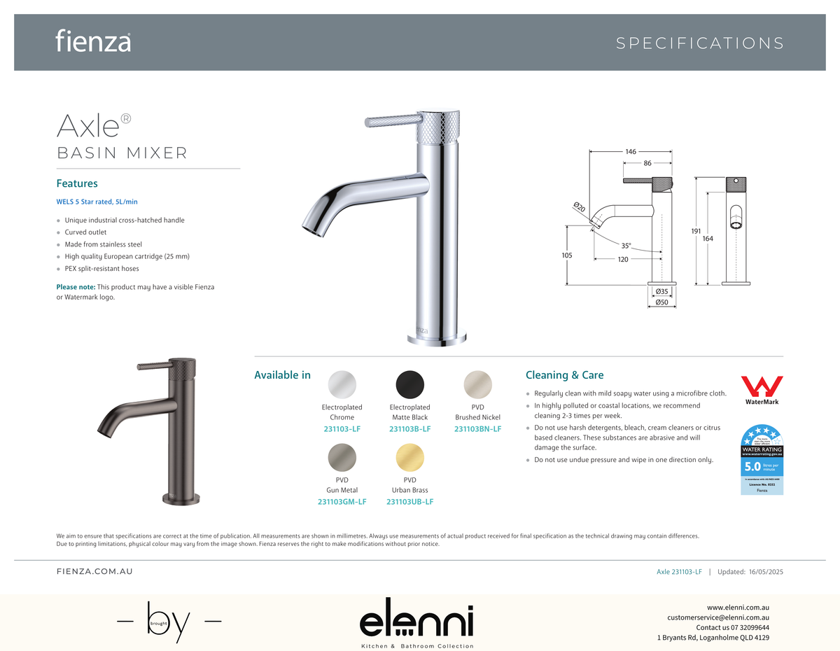 Axle Basin Mixer - Spec sheet