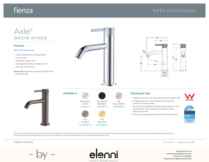Axle Basin Mixer - Spec sheet