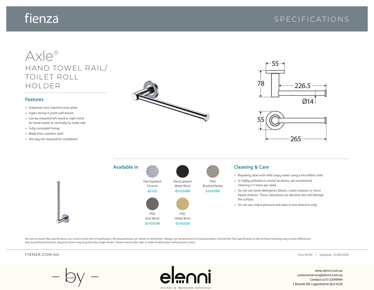 Axle Hand Towel Rail/Roll Holder - Spec sheet