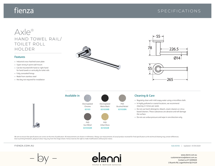 Axle Hand Towel Rail/Roll Holder - Spec sheet