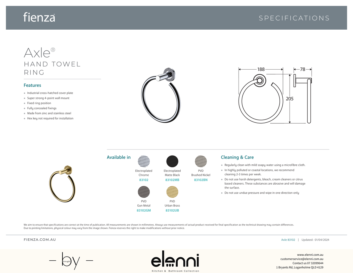 Axle Hand Towel Ring - Spec sheet