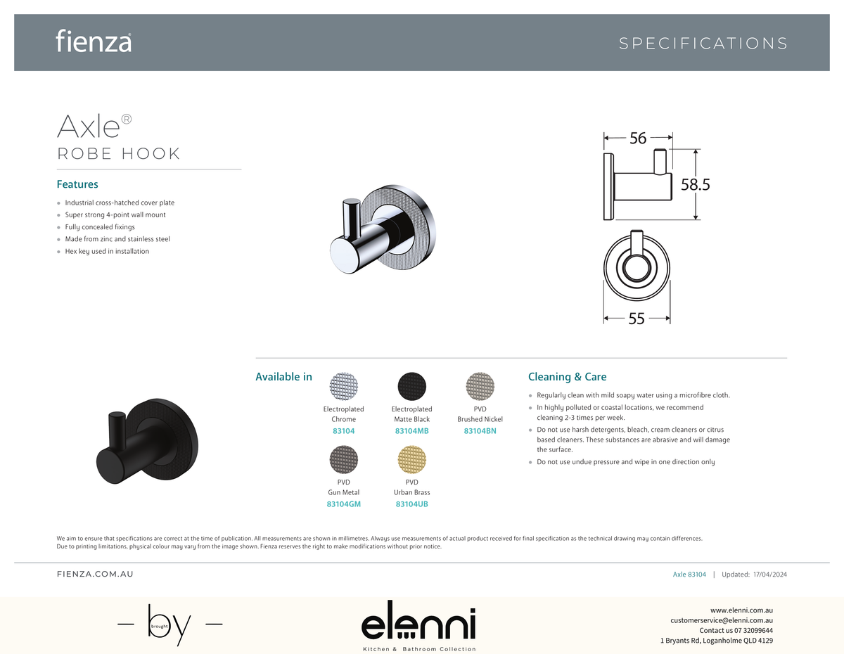 Axle Robe Hook - Spec sheet