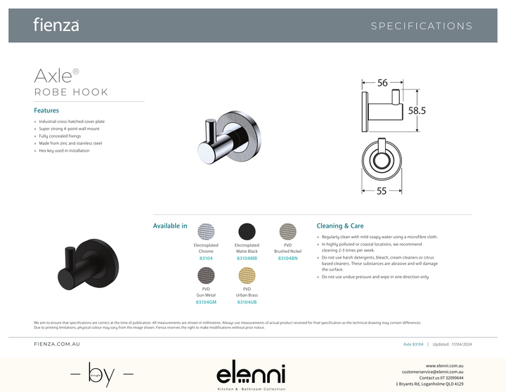 Axle Robe Hook - Spec sheet