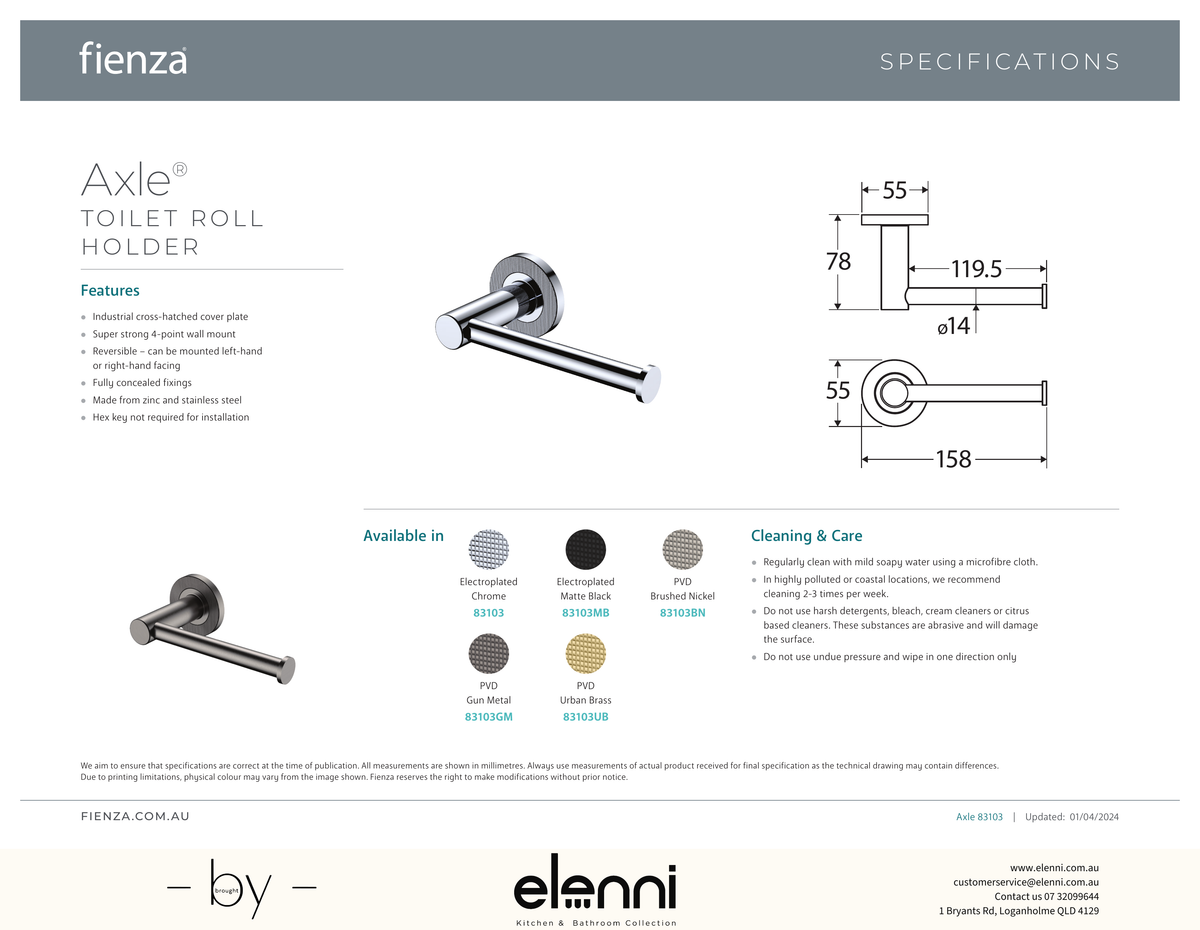 Axle Roll Holder - Spec sheet