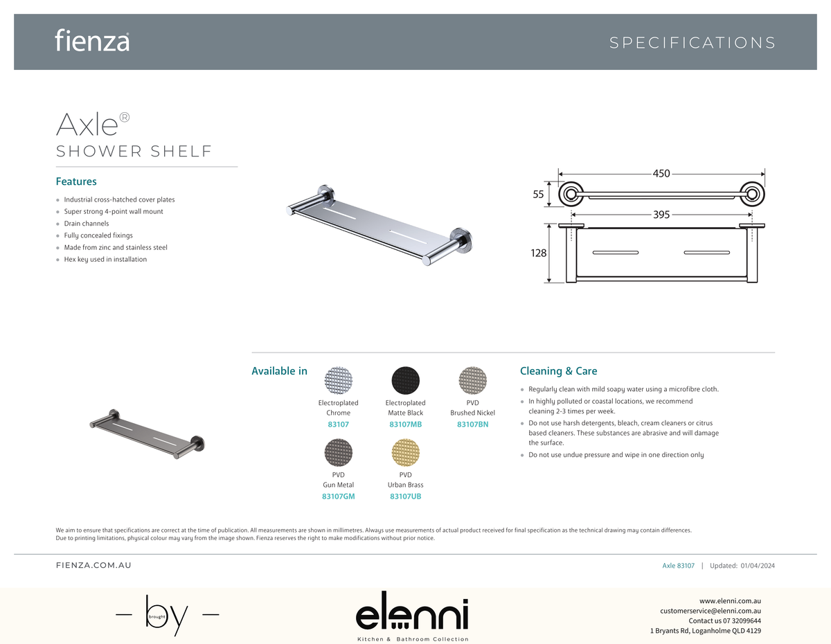 Axle Shower Shelf - Spec sheet