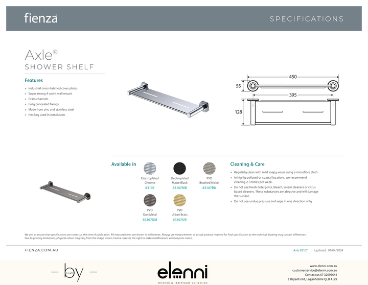 Axle Shower Shelf - Spec sheet