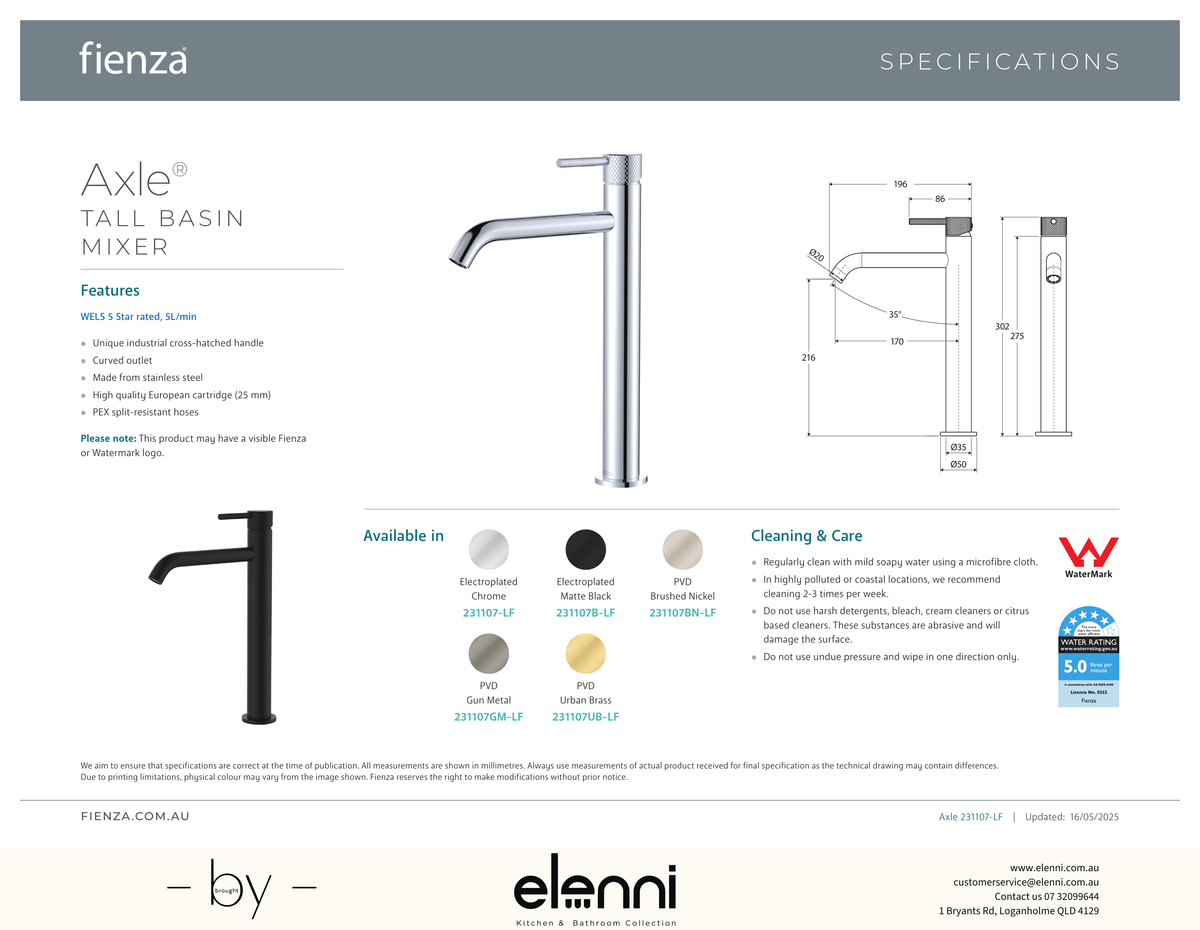 Axle Tall Basin Mixer - Spec sheet
