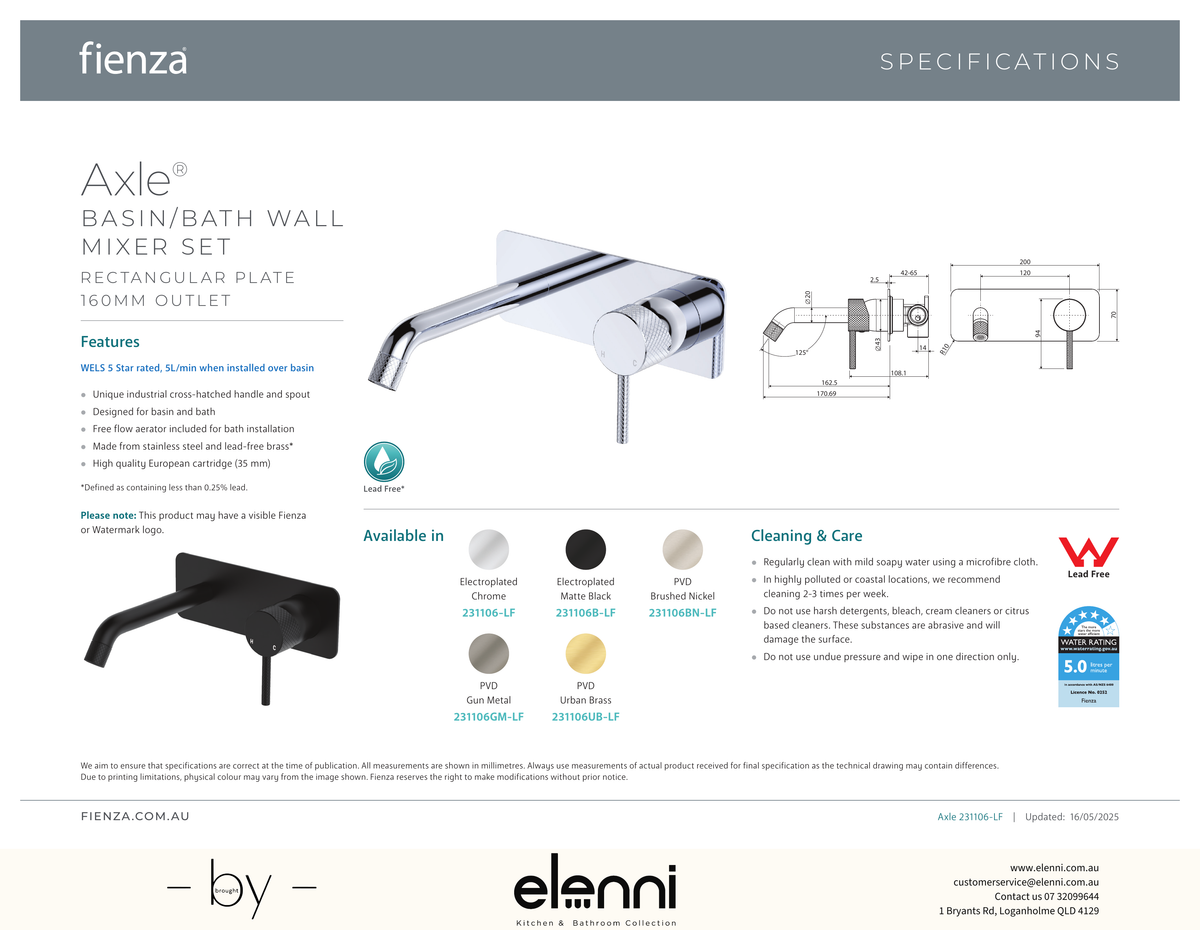 Axle Wall Basin/Bath Mixer Dress Kit, Rectangular Plate, 160mm Outlet - Trim Kit Only - Spec sheet
