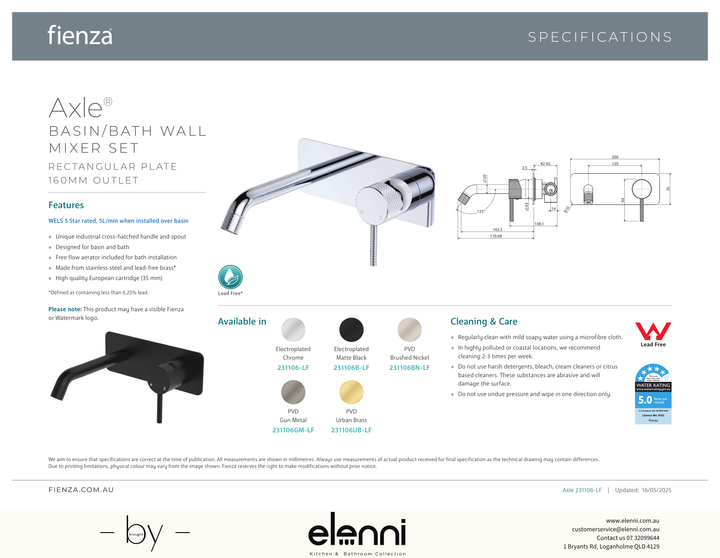 Axle Wall Basin/Bath Mixer Dress Kit, Rectangular Plate, 160mm Outlet - Trim Kit Only - Spec sheet