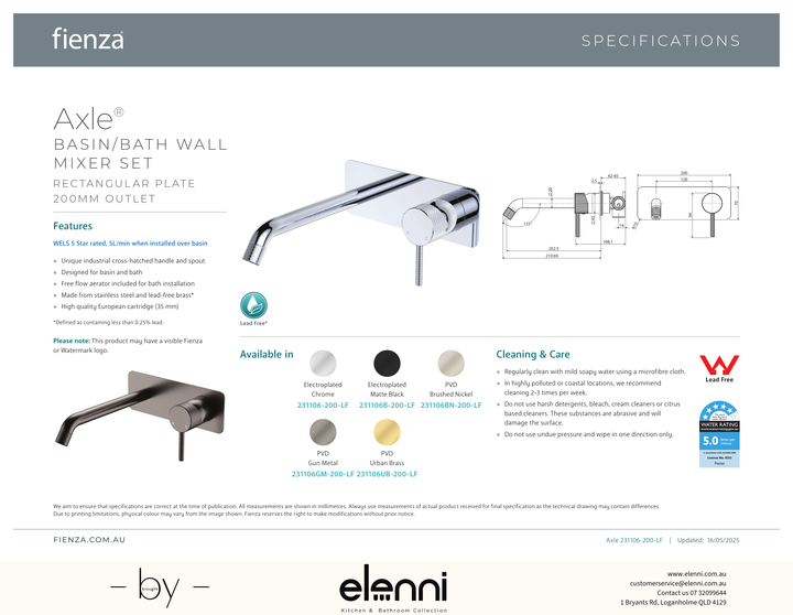Axle Wall Basin/Bath Mixer Dress Kit, Rectangular Plate, 200mm Outlet - Trim Kit Only - Spec sheet