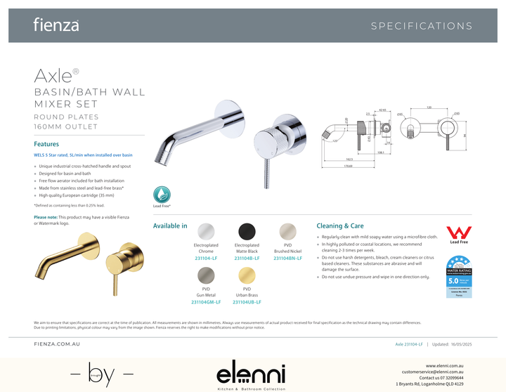 Axle Wall Basin/Bath Mixer Dress Kit, Round Plates, 160mm Outlet - Trim Kit Only - Spec sheet