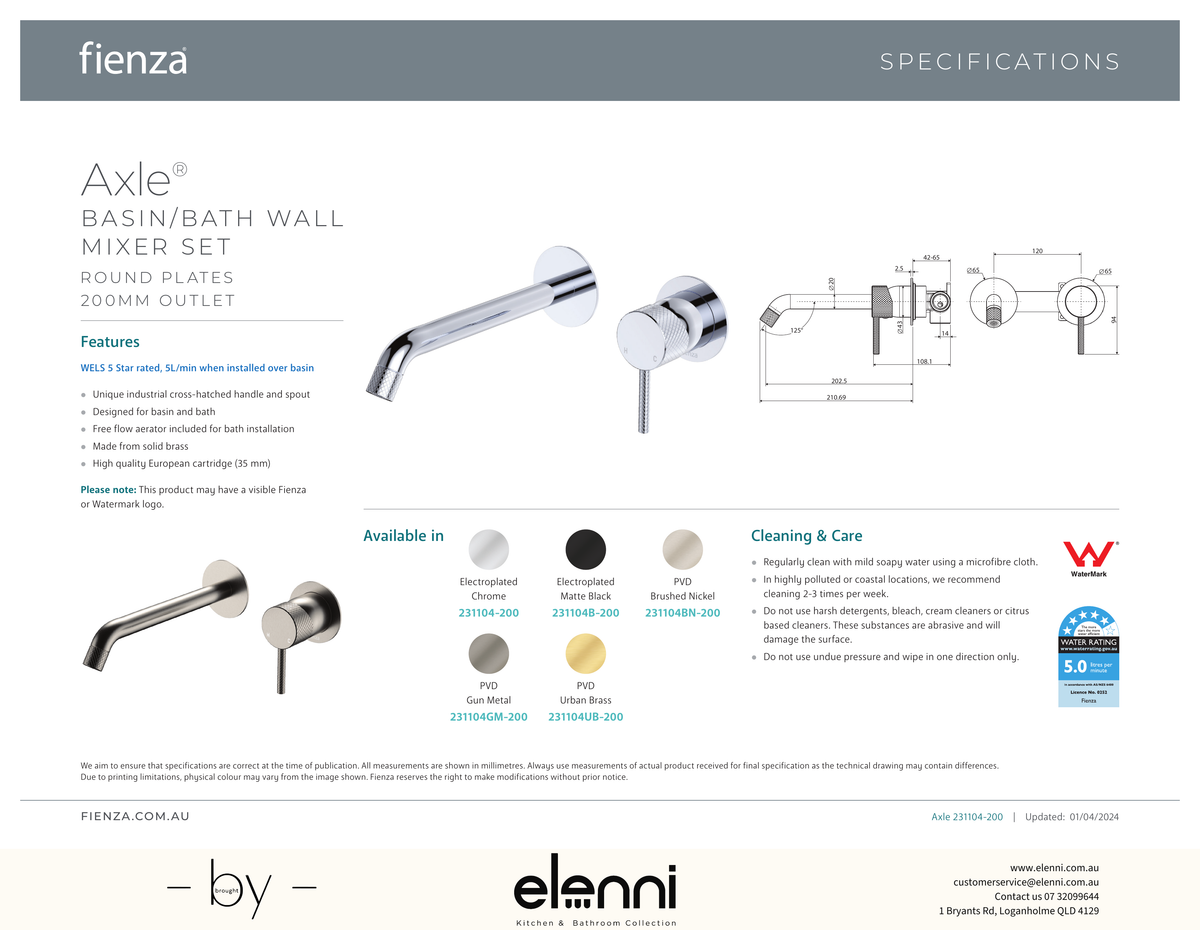 Axle Wall Basin/Bath Mixer Dress Kit, Round Plates, 200mm Outlet - Trim Kit Only - Spec sheet