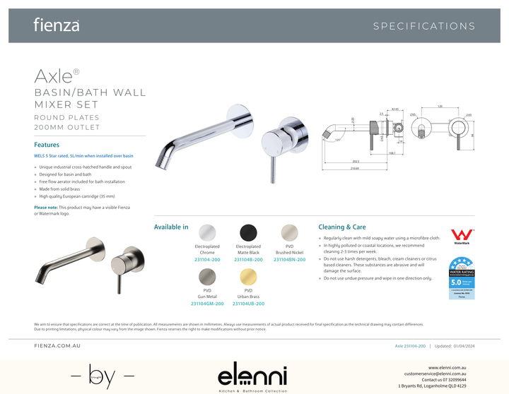 Axle Wall Basin/Bath Mixer Dress Kit, Round Plates, 200mm Outlet - Trim Kit Only - Spec sheet