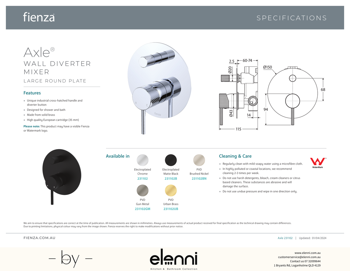 Axle Wall Diverter Mixer Dress Kit, Large Round Plates - Trim Kit Only - Spec sheet