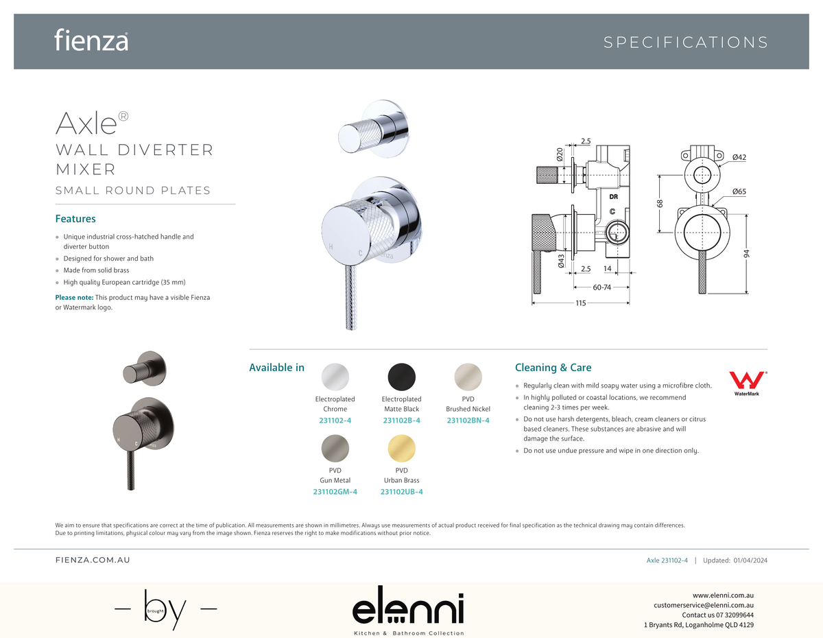 Axle Wall Diverter Mixer Dress Kit, Small Round Plates - Trim Kit Only - Spec sheet
