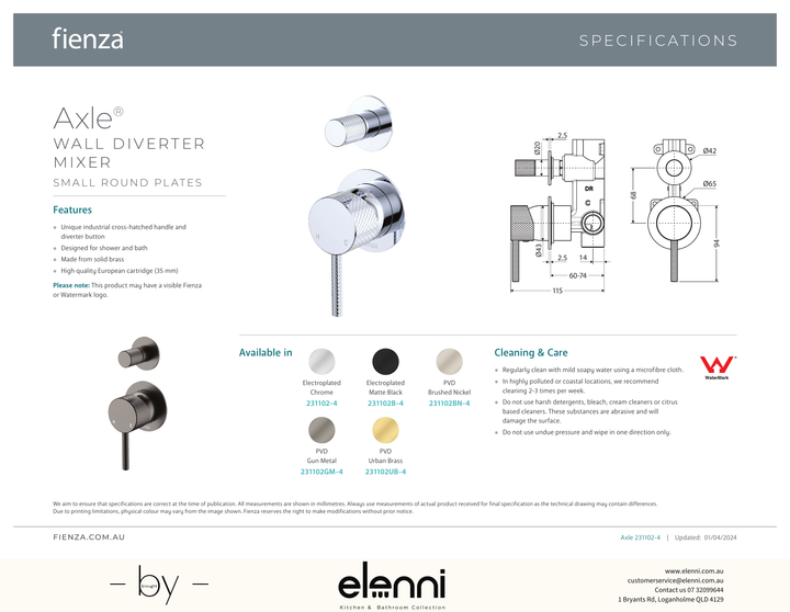 Axle Wall Diverter Mixer Dress Kit, Small Round Plates - Trim Kit Only - Spec sheet