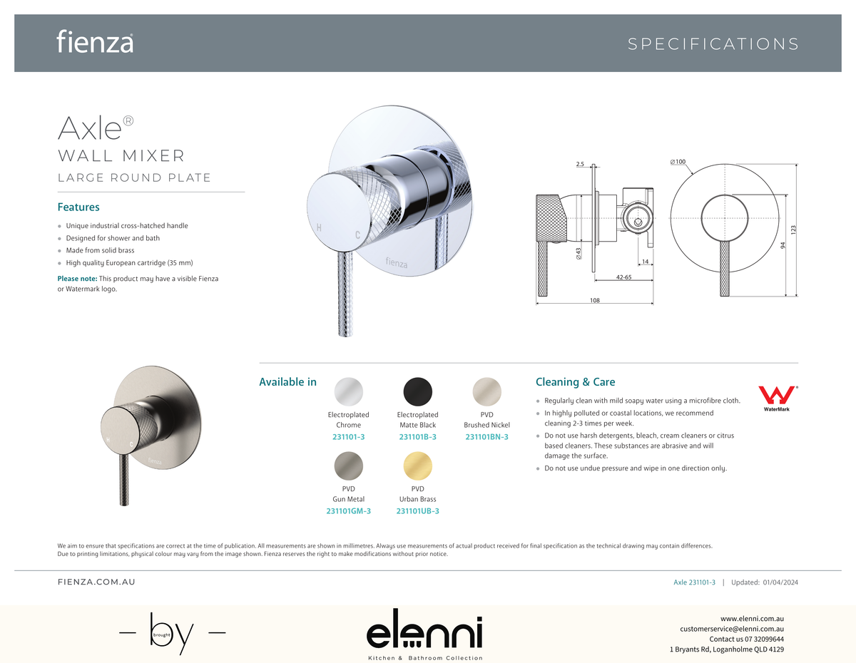 Axle Wall Mixer Dress Kit, Large Round Plate - Trim Kit Only - Spec sheet