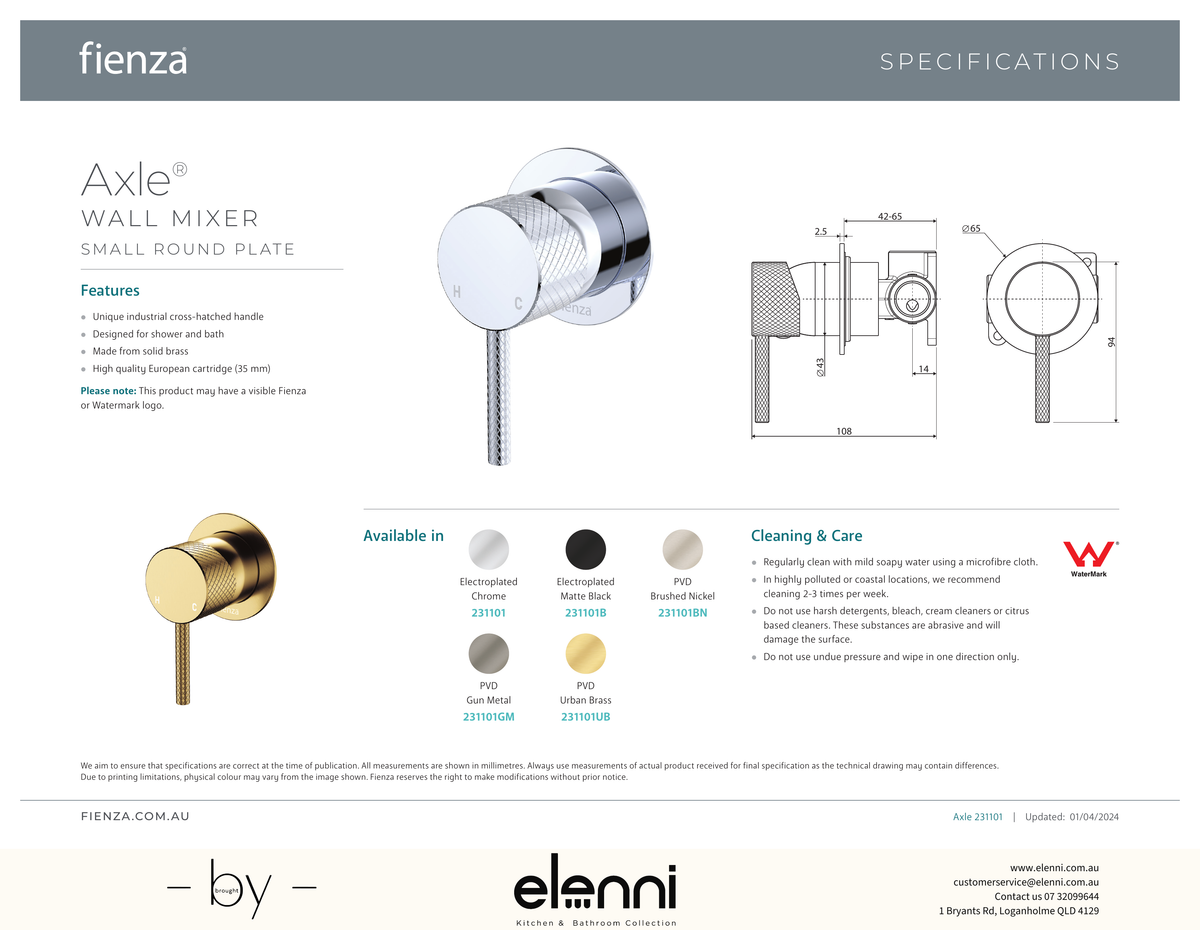 Axle Wall Mixer Dress Kit, Small Round Plate - Trim Kit Only - Spec sheet
