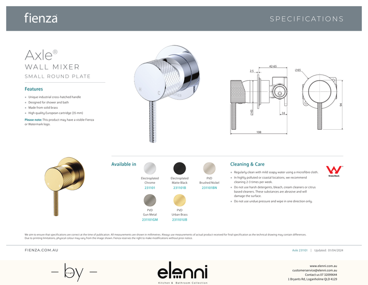 Axle Wall Mixer Dress Kit, Small Round Plate - Trim Kit Only - Spec sheet