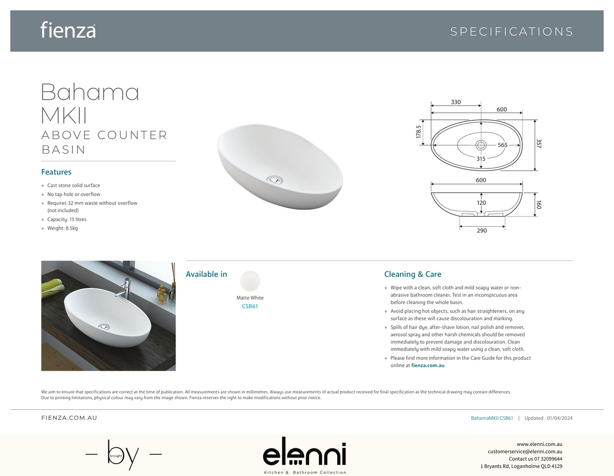 Bahama Mkii Solid Surface Above Counter Basin - Elenni specification drawing