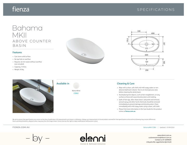 Bahama Mkii Solid Surface Above Counter Basin - Elenni specification drawing
