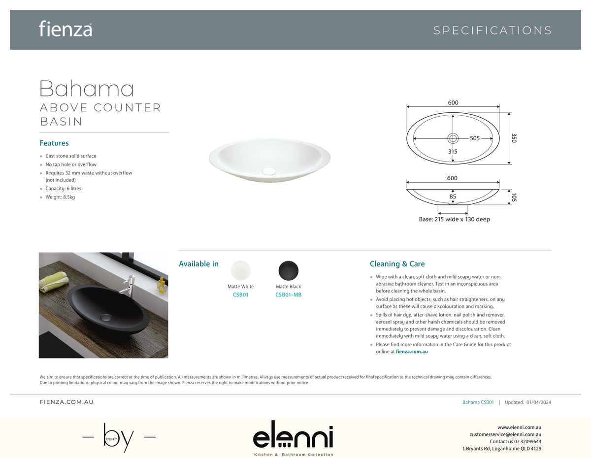Bahama Solid Surface Above Counter Basin - Elenni specification drawing