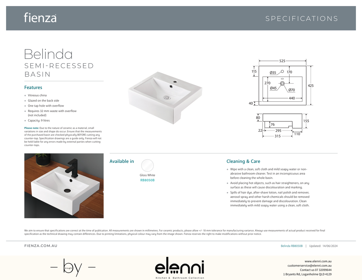 Belinda Semi-Recessed Basin - Elenni specification drawing