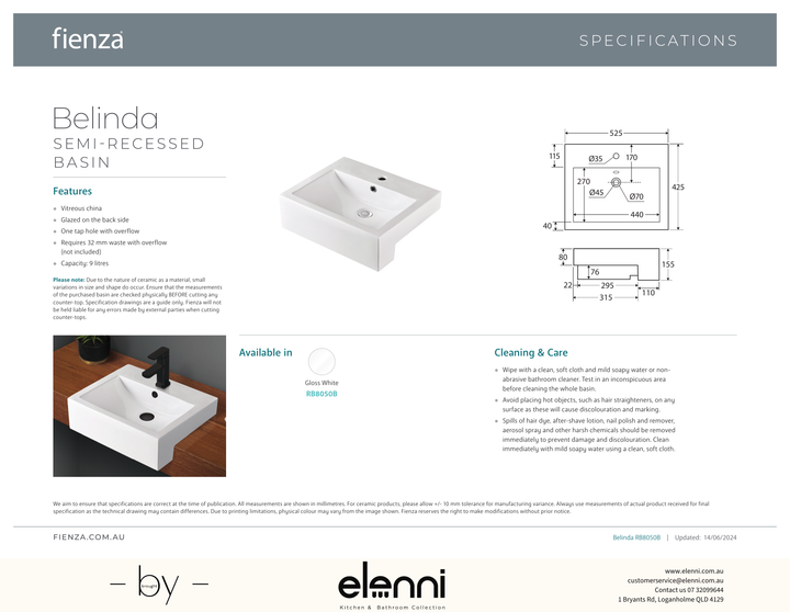 Belinda Semi-Recessed Basin - Elenni specification drawing