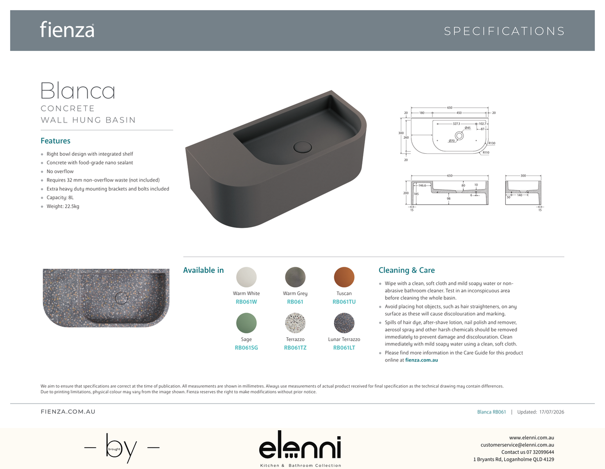 Blanca Concrete Wall Basin - Elenni specification drawing